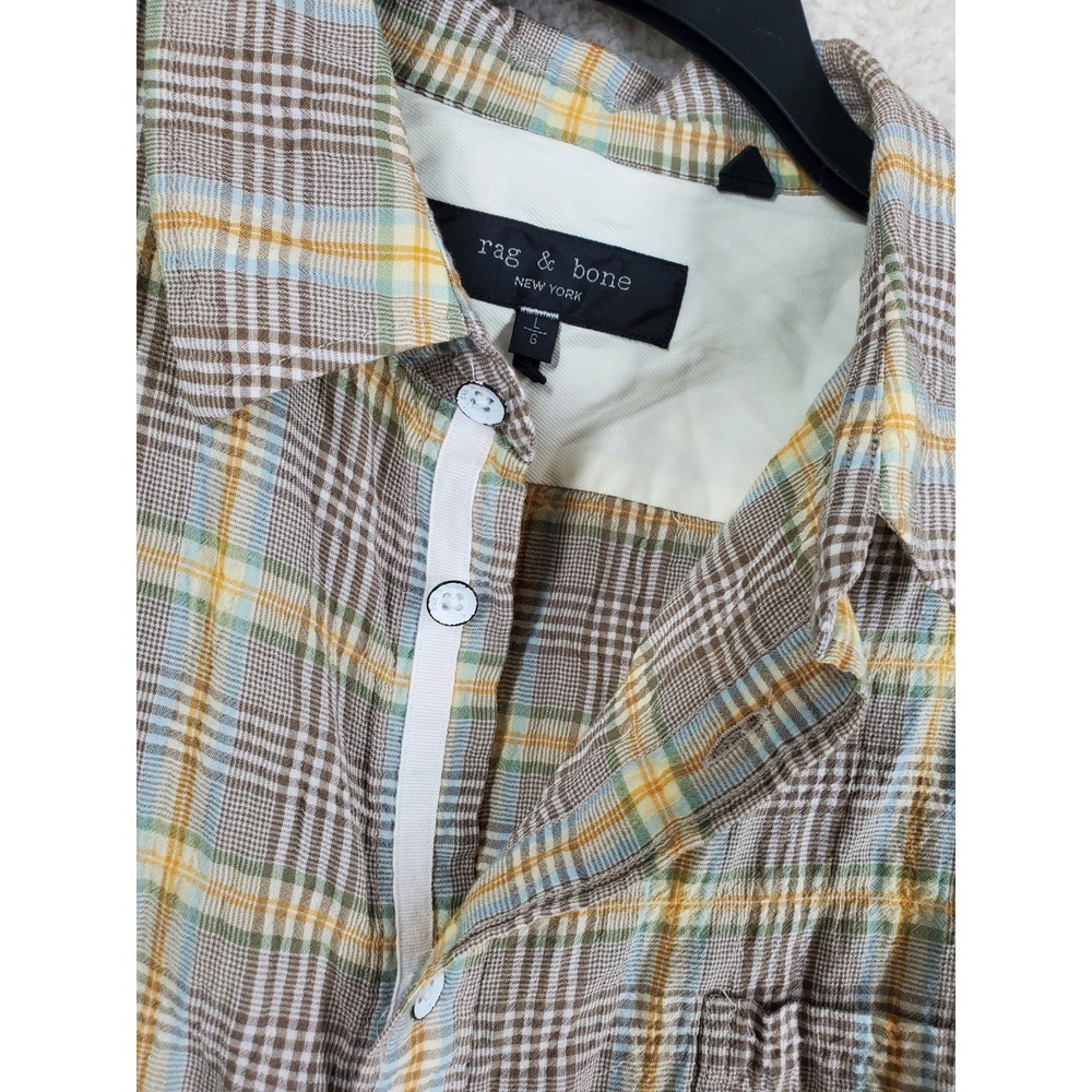 Rag & Bone Shirt Mens L Beige Yellow Plaid Check Gauze Button Up SS Autumn - Picture 9 of 11